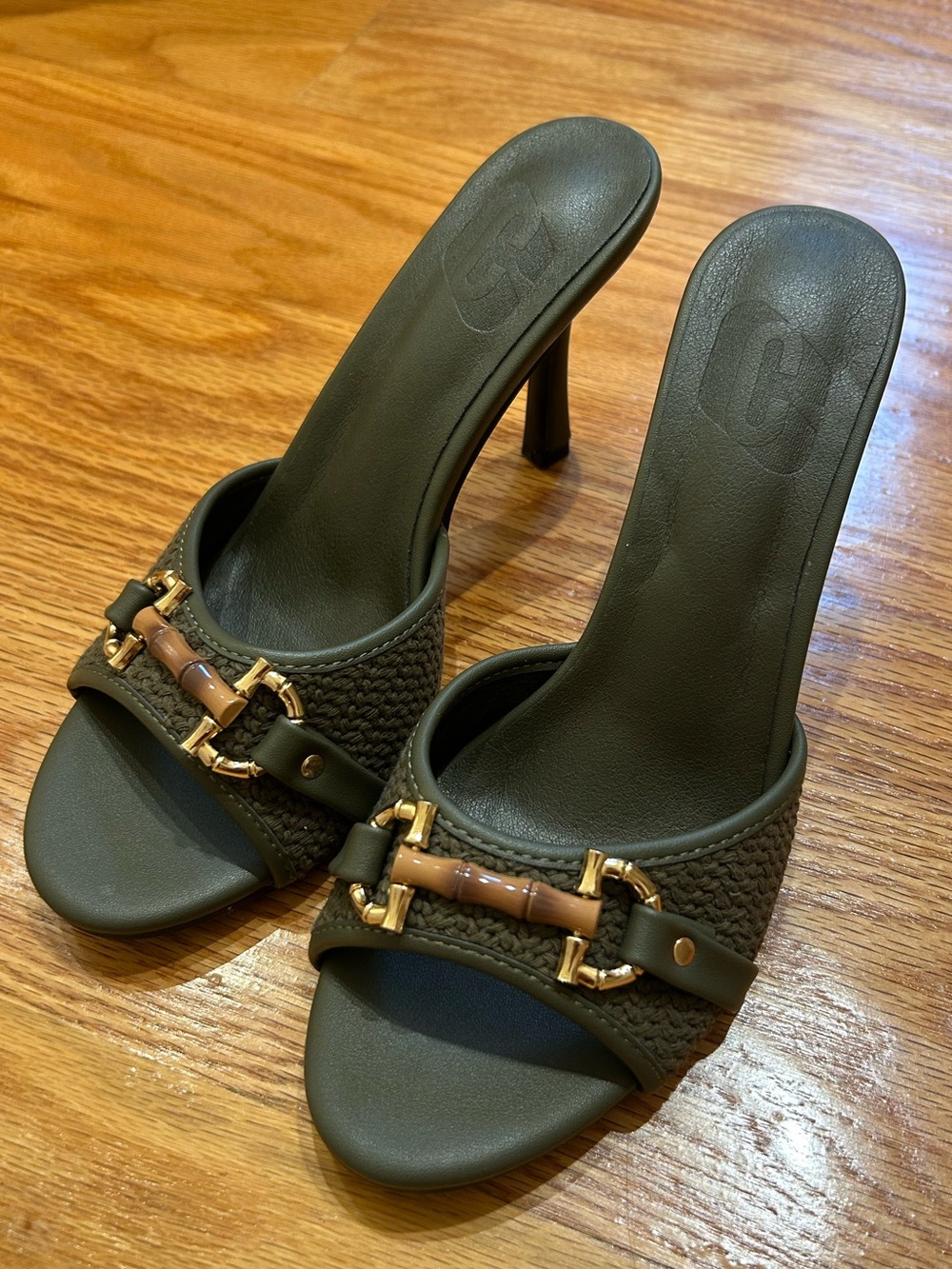 Olive Green Heeled Sandals with Gold Buckle Detail